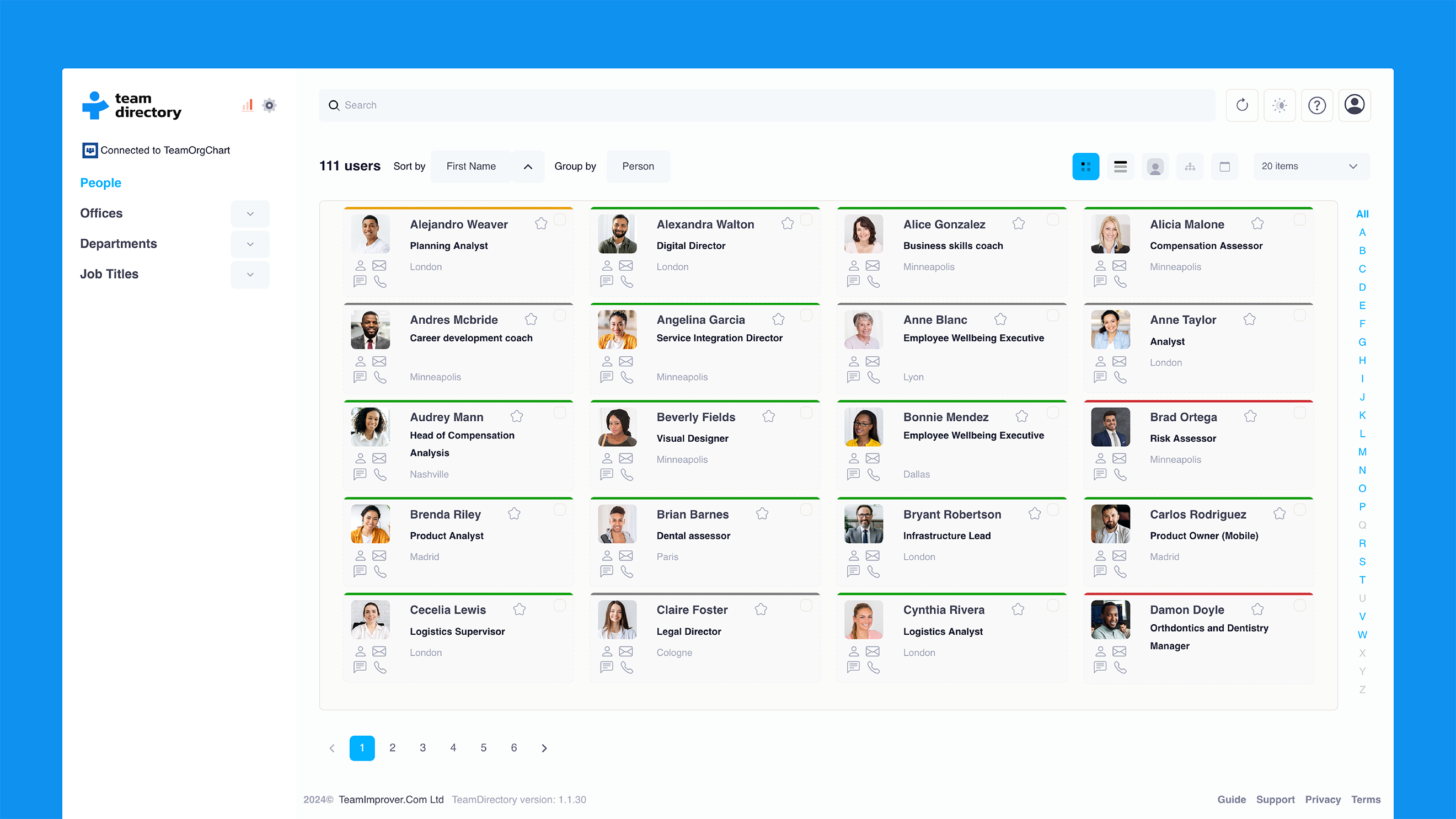 TeamDirectory interface displaying employee cards sorted by first name with all filters collapsed.