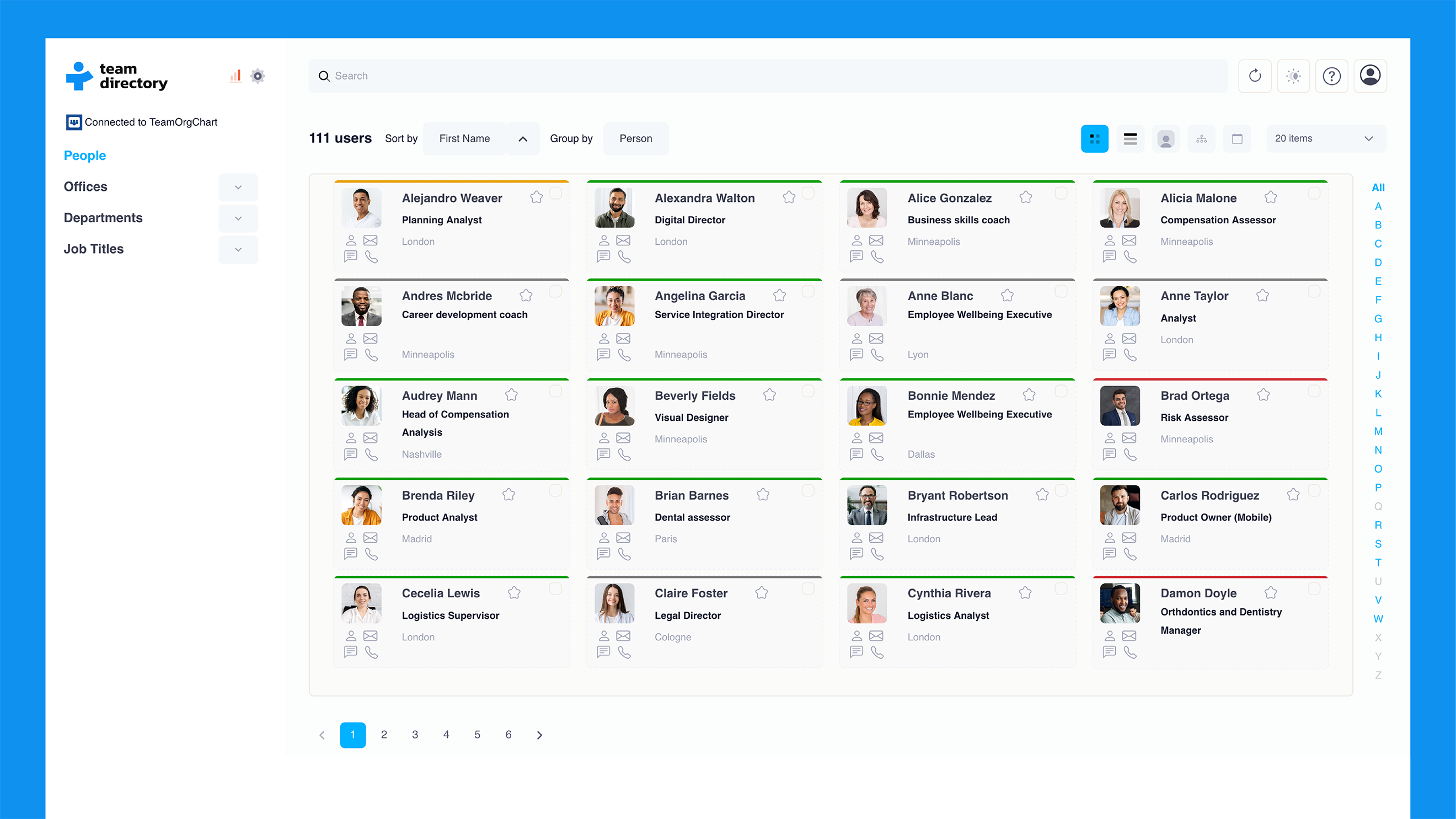 Card view of team members with names, photos, contact icons, job titles, and locations in a directory layout.